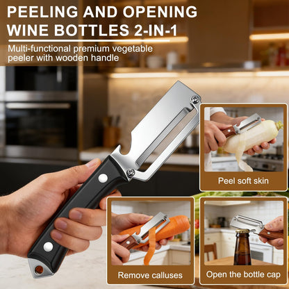 2PCS Premium Vegetable Peeler with Wooden Handle and Bottle Opener,Multifunctional 2-in-1 Stainless Steel Kitchen Tool for Potato Fruit Pineapple Pumpkin Papaya Carrot Vegetable Peeler(Mix)