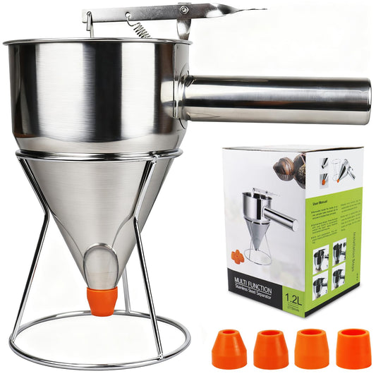 Pancake Batter Dispenser, Large 40oz/1200ml Multi-Caliber Stainless Steel Funnel Cake Dispenser with Stand for Commercial and Use