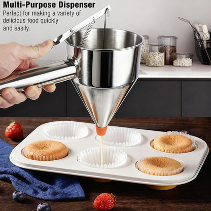 Pancake Batter Dispenser, Large 40oz/1200ml Multi-Caliber Stainless Steel Funnel Cake Dispenser with Stand for Commercial and Use