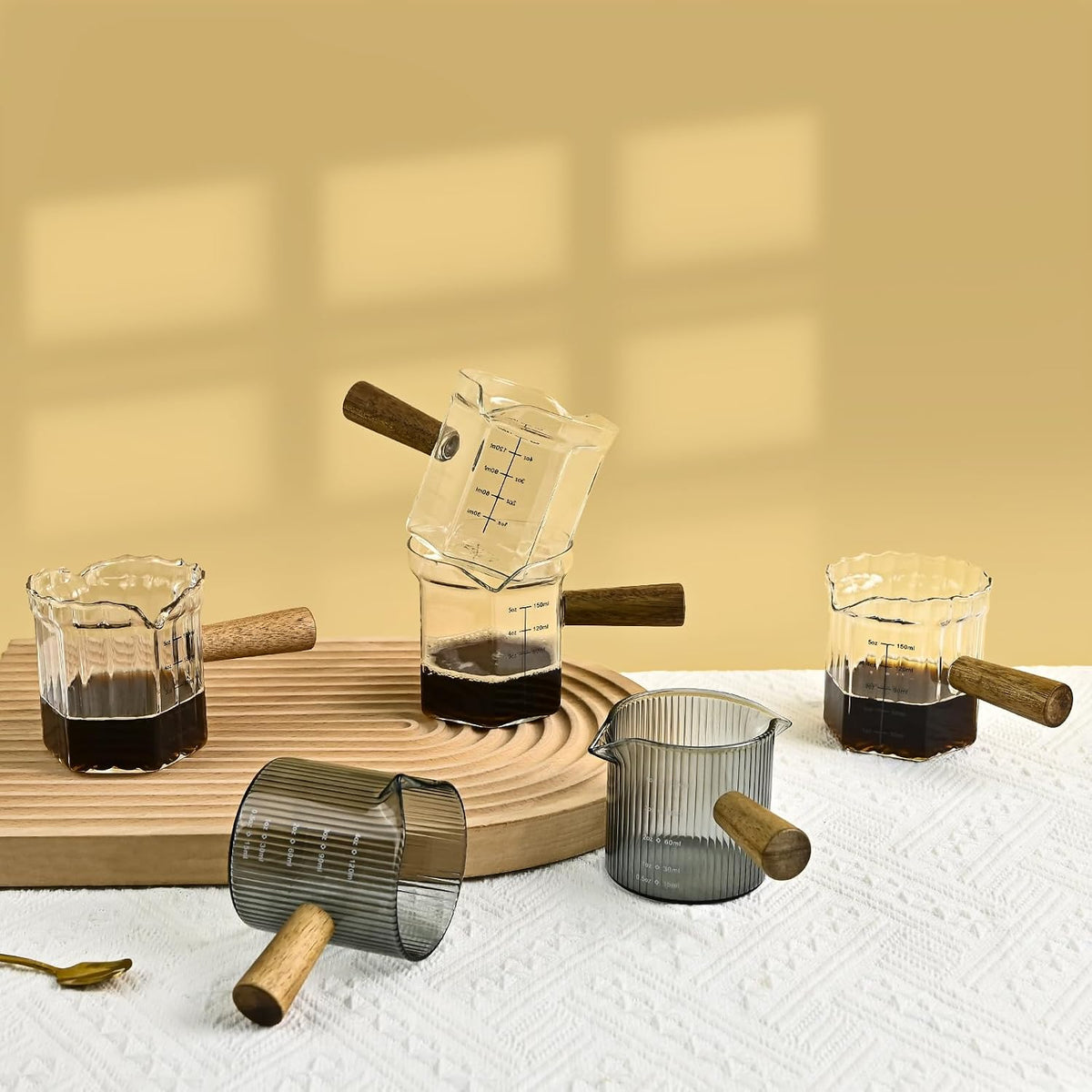 Glass Measuring Cup, 4oz Espresso Shot Glass with Wood Handle