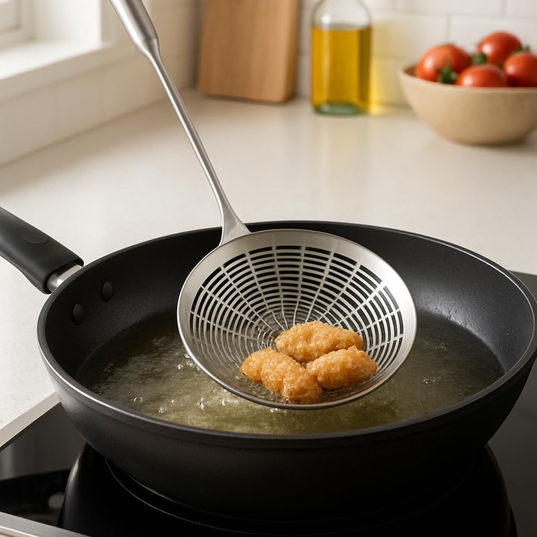 5.4" Stainless Steel Spider Strainer Skimmer – Long-Handle Slotted Spoon for Cooking, Frying, Pasta, Noodles, and Spaghetti