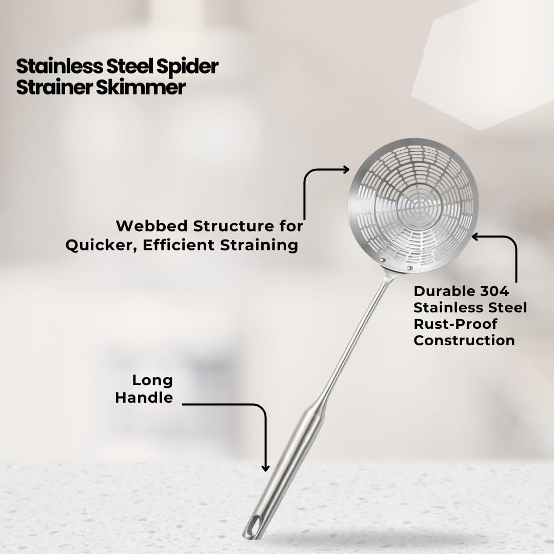 5.4" Stainless Steel Spider Strainer Skimmer – Long-Handle Slotted Spoon for Cooking, Frying, Pasta, Noodles, and Spaghetti