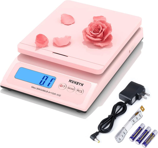 Shipping Scale, 66lb/0.1oz Accurate Digital Postal Scale Pink | Hold & Tare & PCS, Dual Power AC or Battery, Backlit LCD, Sweet Pink Design, Package Weight Scale