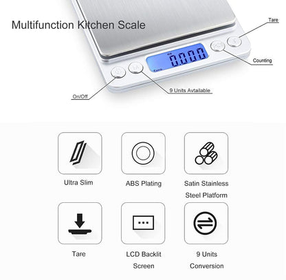 Food Scale Digital Weight Grams and Ounces, 0.001oz/0.01g 500g Kitchen Scale for Food with Backlight LCD Display, Tare, 9 Units, Auto Off, 2 Trays, Batteries Included - Stainless Steel