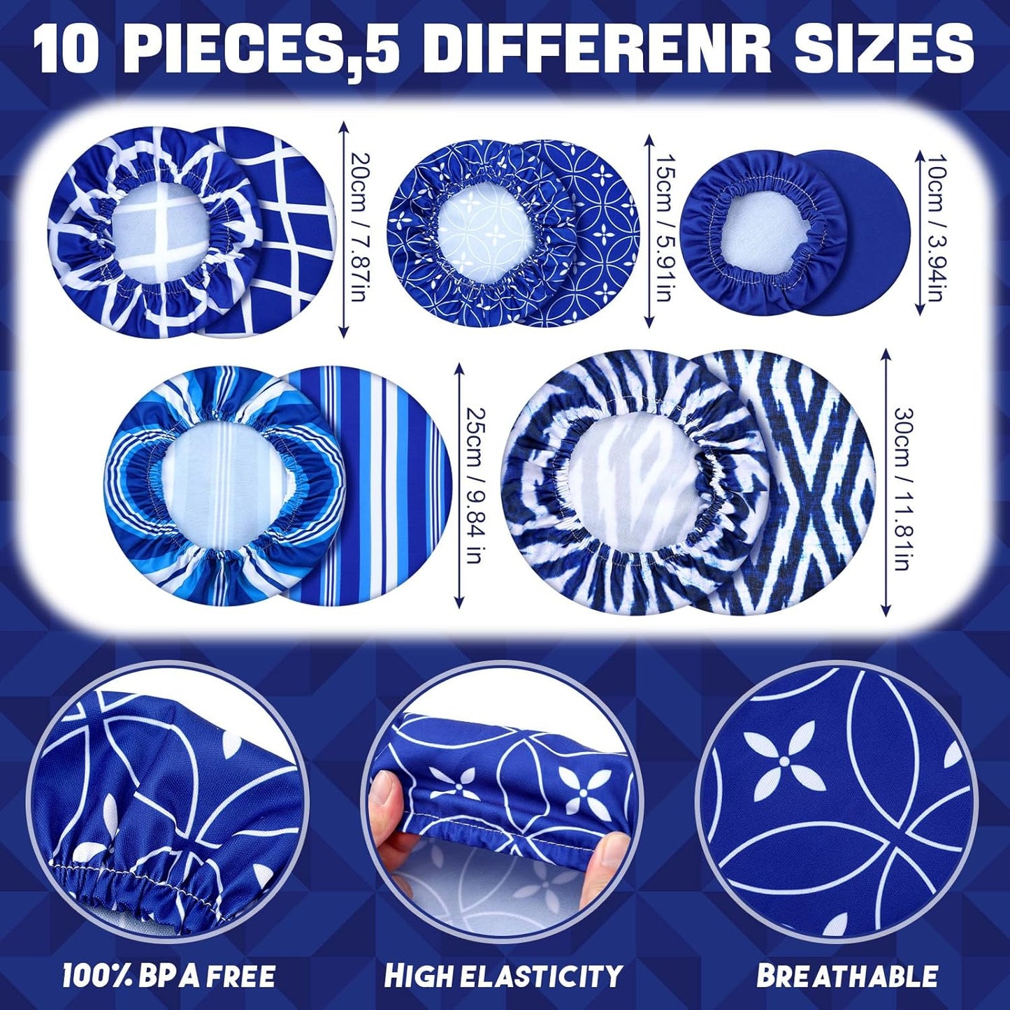 10 Pack Cloth Bowl Covers for Bread Rising - 5 Size Stretch Elastic Food Storage Container Lids - Reusable Cotton Fabric Covers for Food, Fruits, Leftovers (Stylish)