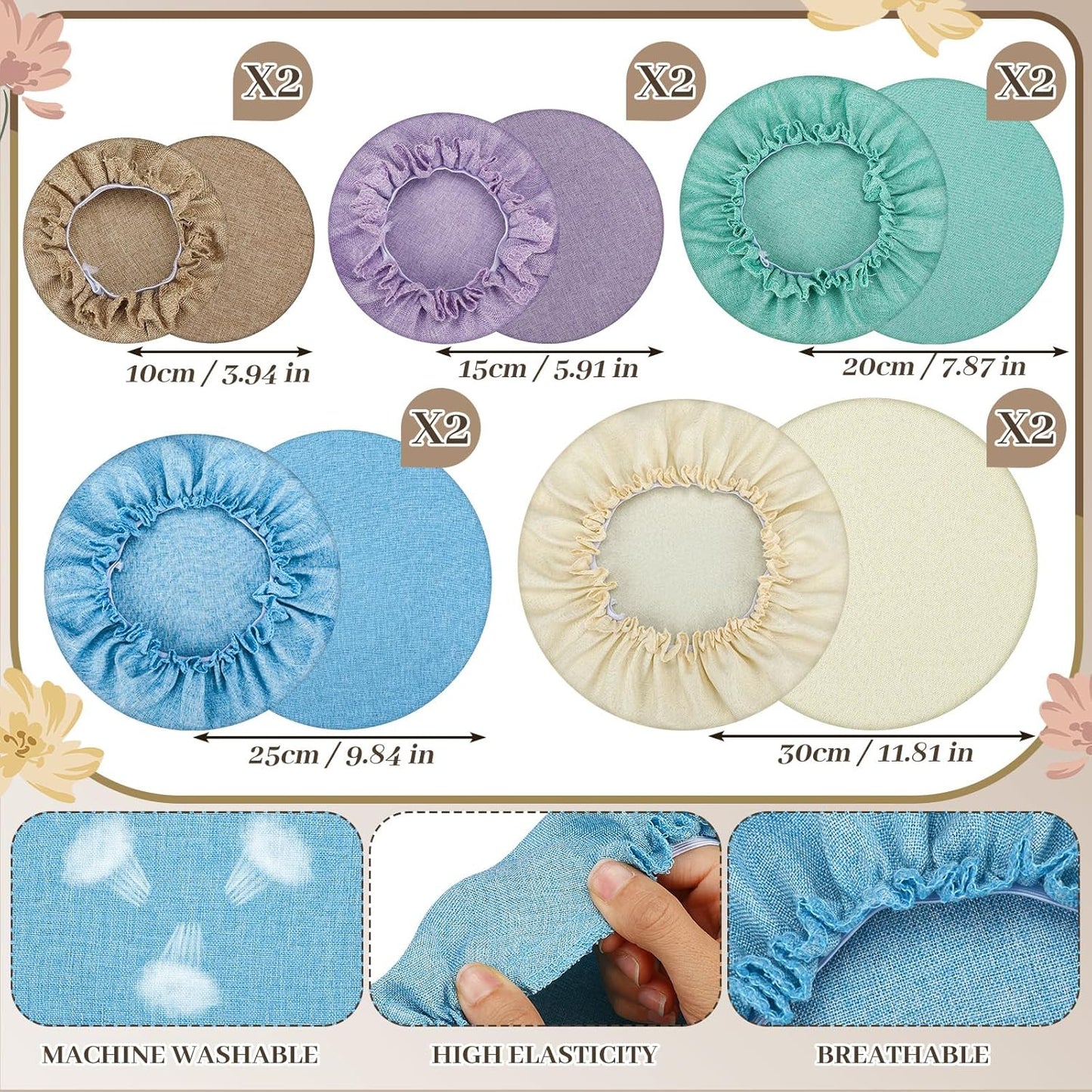 10 Pack Cloth Bowl Covers for Bread Rising - 5 Size Stretch Elastic Food Storage Container Lids - Reusable Cotton Fabric Covers for Food, Fruits, Leftovers (Stylish)