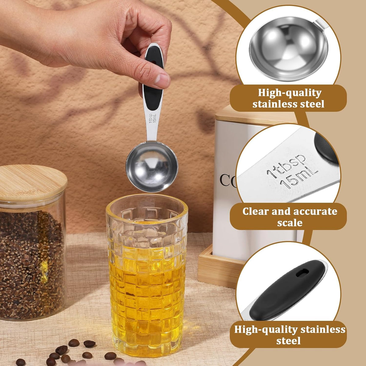 2Pcs 1 Tbsp (3tsp, 15ml, 1/2oz) Measuring Spoons, Stainless Steel Tablespoon Measure Scoop with Black Silicone Grip Measuring Scoop Dishwasher Safe for Coffee Pet Food Grains Protein Spices Dry Goods
