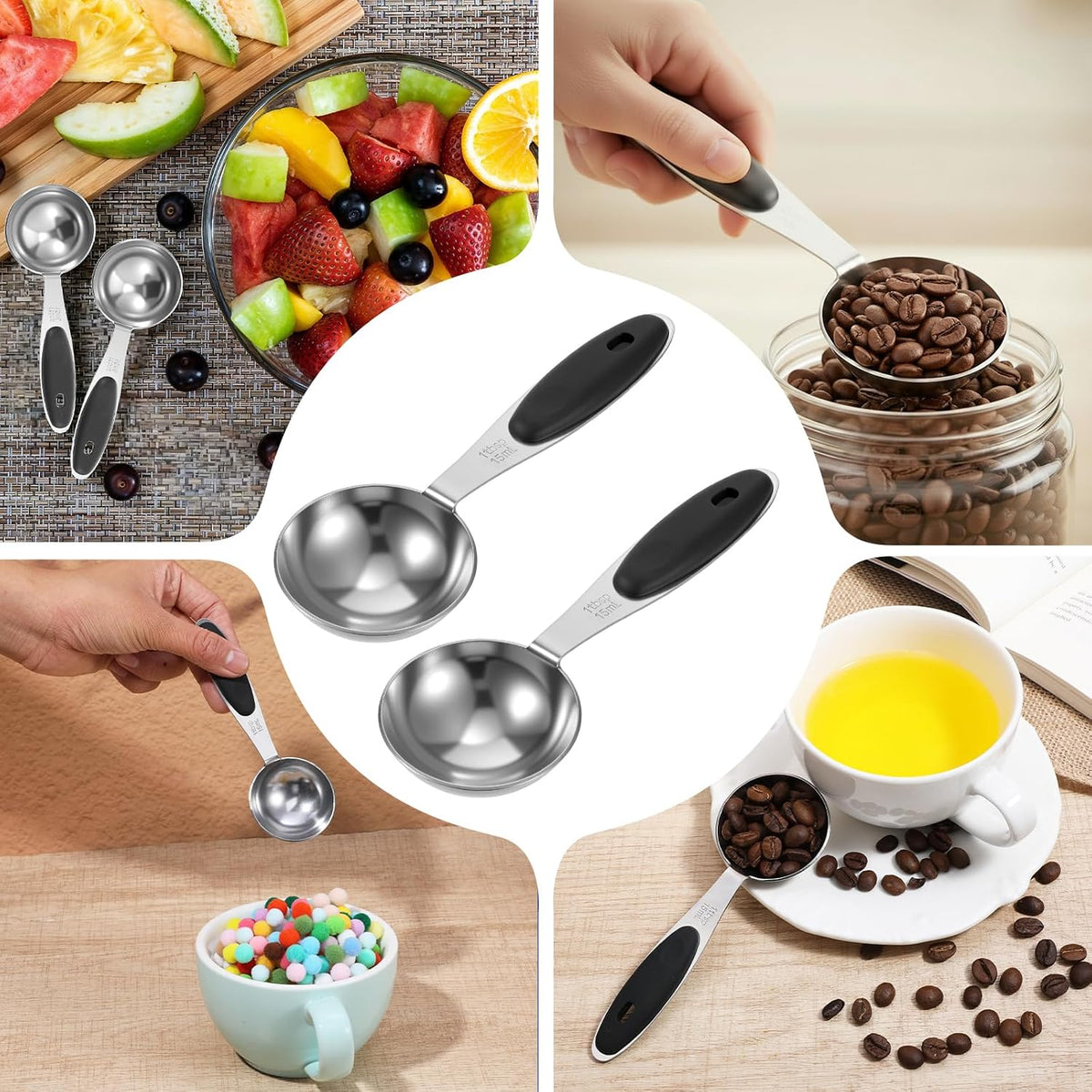 2Pcs 1 Tbsp (3tsp, 15ml, 1/2oz) Measuring Spoons, Stainless Steel Tablespoon Measure Scoop with Black Silicone Grip Measuring Scoop Dishwasher Safe for Coffee Pet Food Grains Protein Spices Dry Goods