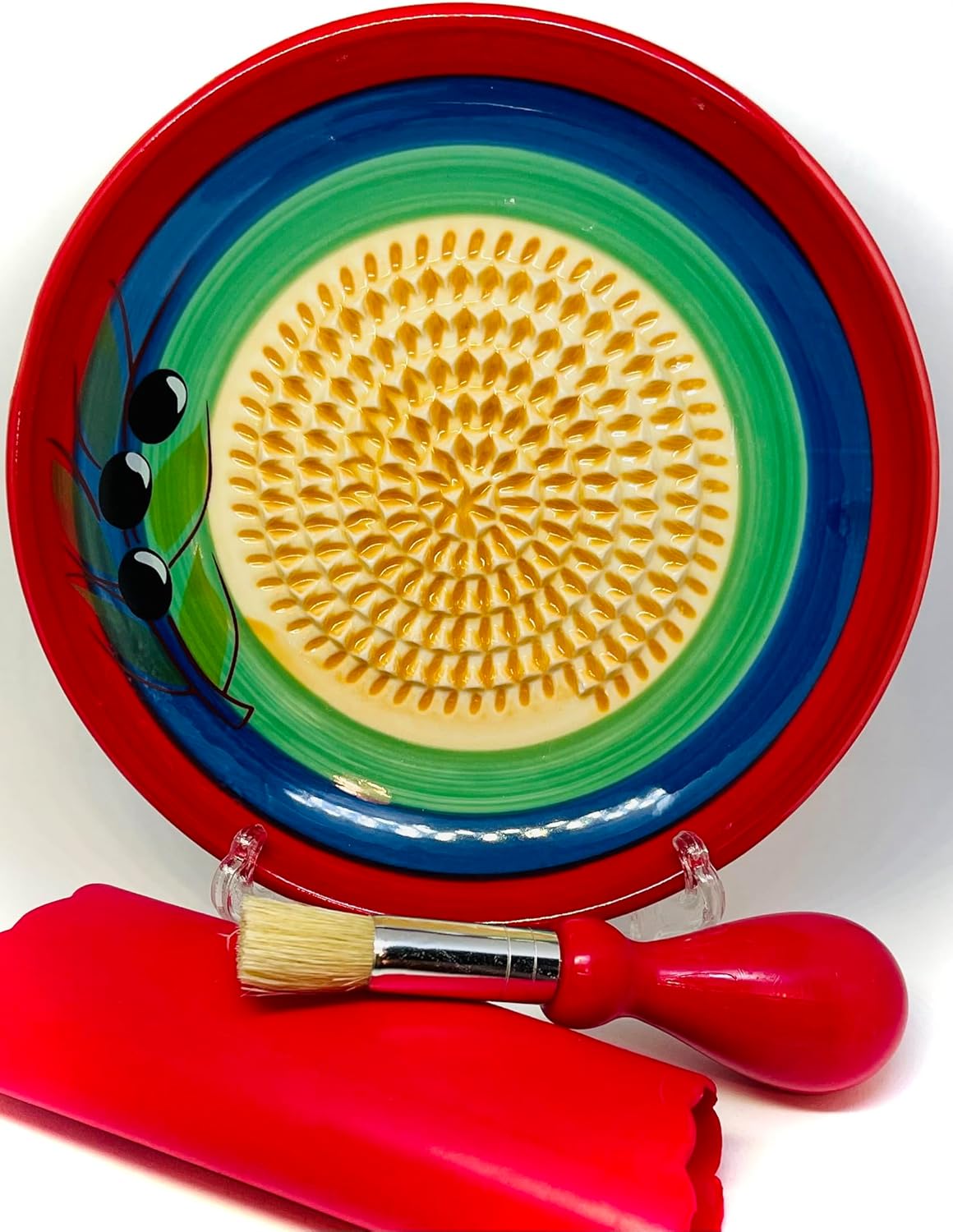 Premium Ceramic Garlic Grater Plate Set - Classic Multicolor Olive | Includes 5.25" Plate, Peeler, Brush, and Stand - For Strawberries, Ginger, Chocolate, Cheese, and more - Make your own puree!