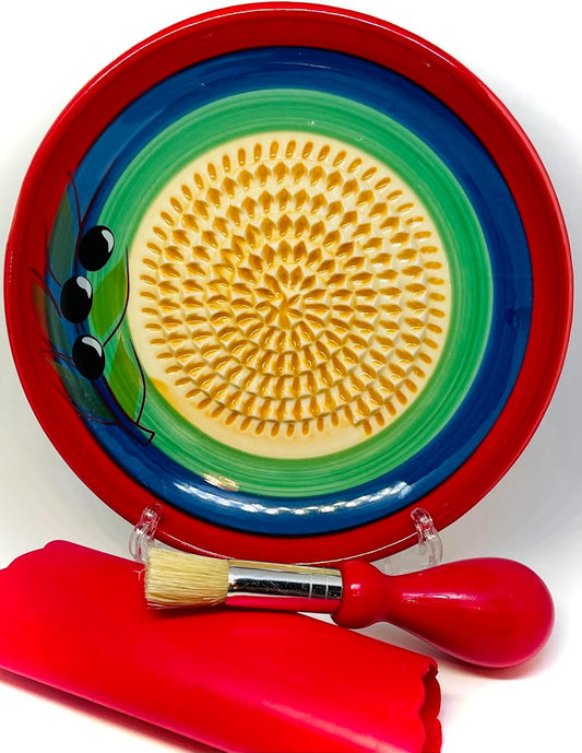 Premium Ceramic Garlic Grater Plate Set - Classic Multicolor Olive | Includes 5.25" Plate, Peeler, Brush, and Stand - For Strawberries, Ginger, Chocolate, Cheese, and more - Make your own puree!