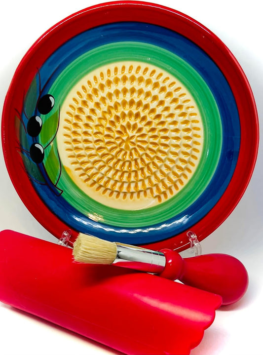 Premium Ceramic Garlic Grater Plate Set - Classic Multicolor Olive | Includes 5.25" Plate, Peeler, Brush, and Stand - For Strawberries, Ginger, Chocolate, Cheese, and more - Make your own puree!