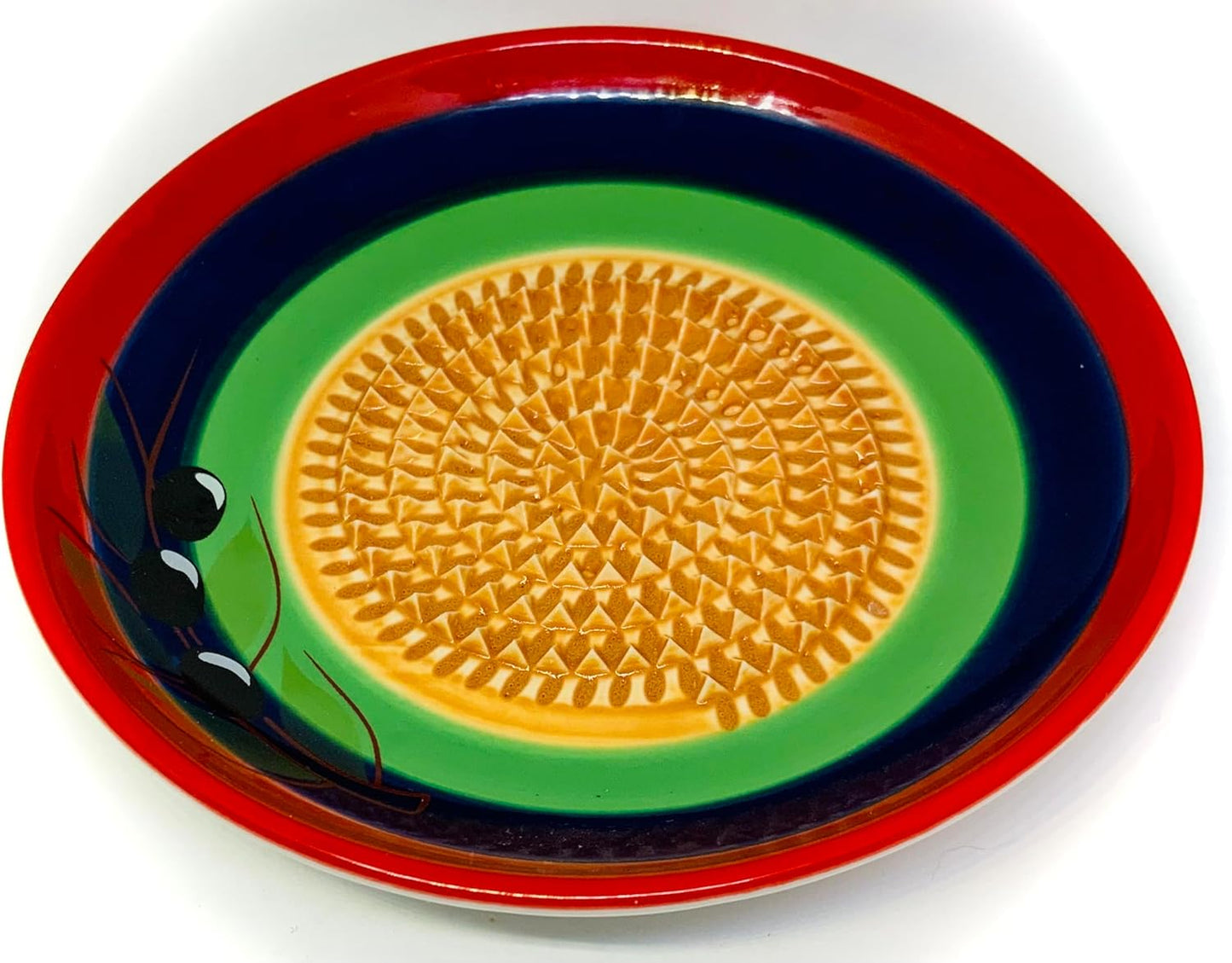 Premium Ceramic Garlic Grater Plate Set - Classic Multicolor Olive | Includes 5.25" Plate, Peeler, Brush, and Stand - For Strawberries, Ginger, Chocolate, Cheese, and more - Make your own puree!