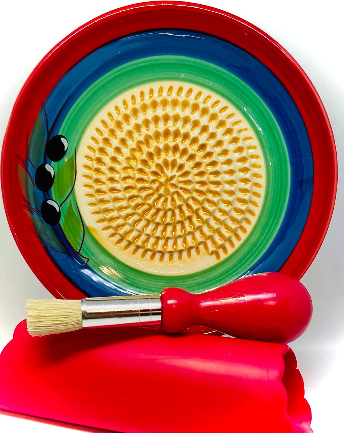 Premium Ceramic Garlic Grater Plate Set - Classic Multicolor Olive | Includes 5.25" Plate, Peeler, Brush, and Stand - For Strawberries, Ginger, Chocolate, Cheese, and more - Make your own puree!