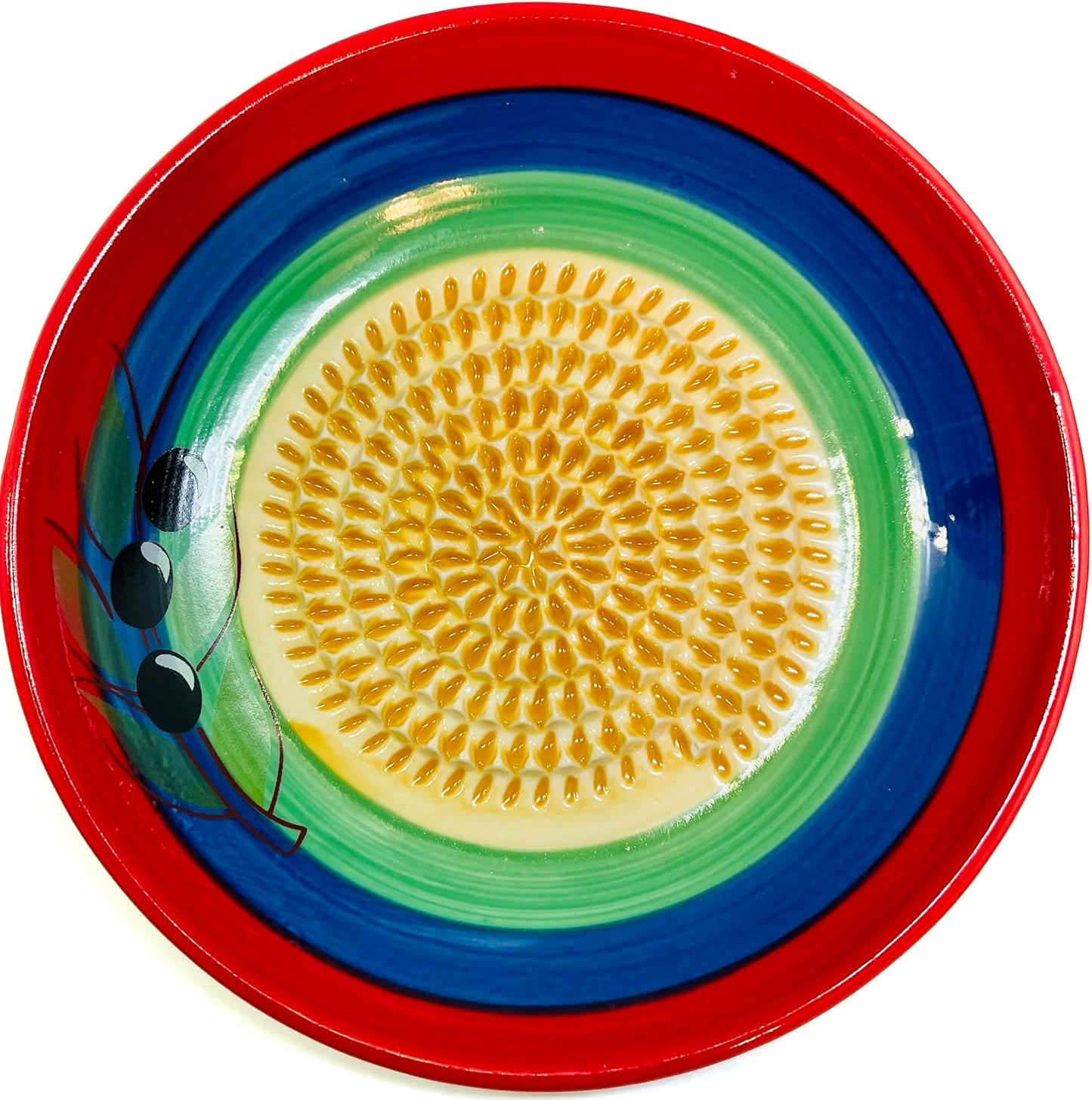 Premium Ceramic Garlic Grater Plate Set - Classic Multicolor Olive | Includes 5.25" Plate, Peeler, Brush, and Stand - For Strawberries, Ginger, Chocolate, Cheese, and more - Make your own puree!