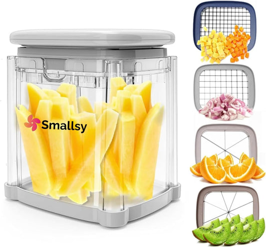 4-in-1 French Fry Cutter, Vegetable Chopper, Manual Potato Cutter for Fries, Food Dicer Chop Box, Onion Cutter Apple Slicer with 4 Stainless Steel Blades, ABS Plastic Material for Kitchen