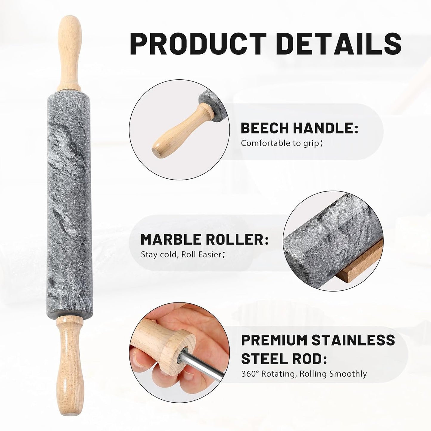 Marble Rolling Pin, Non-Stick Stone Dough Roller, Rolling Pin for Baking,Pasta, Dumpling, Ravioli, Fondant,Pie Crust, Kitchen Baking Pastry Tools