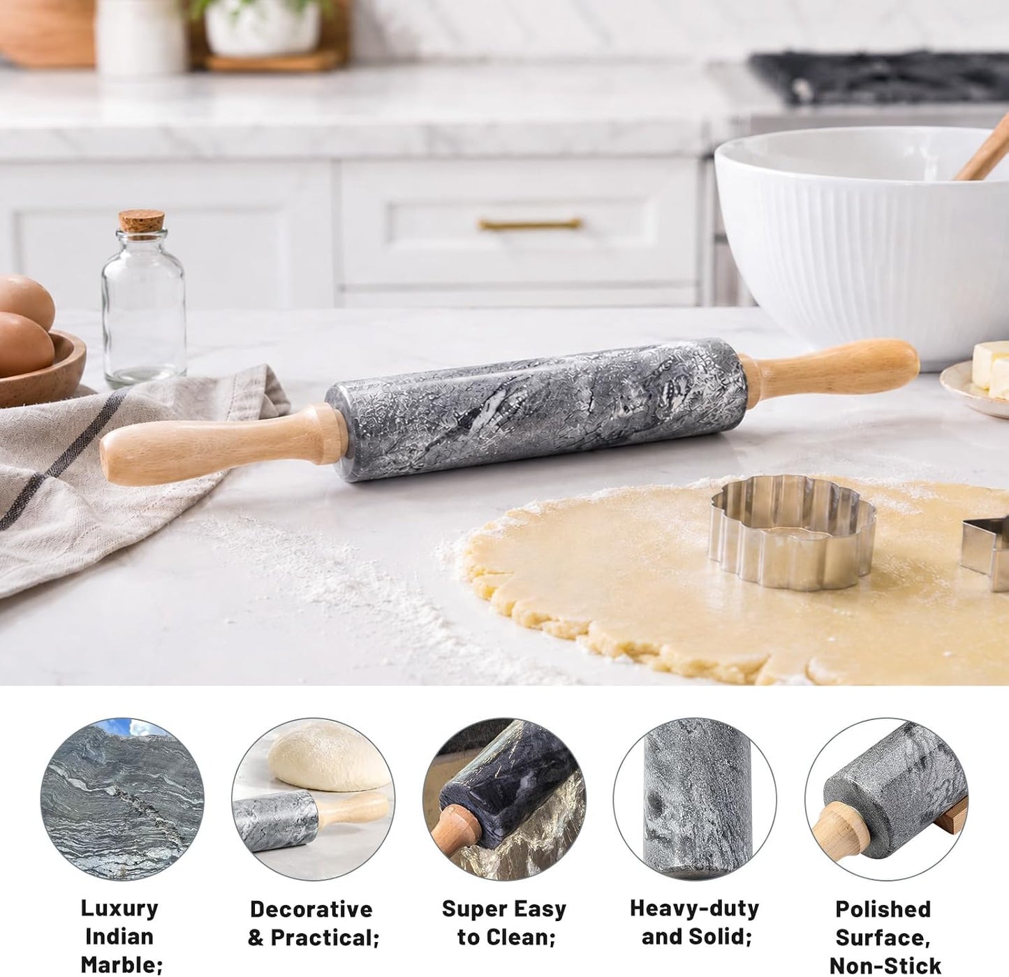 Marble Rolling Pin, Non-Stick Stone Dough Roller, Rolling Pin for Baking,Pasta, Dumpling, Ravioli, Fondant,Pie Crust, Kitchen Baking Pastry Tools