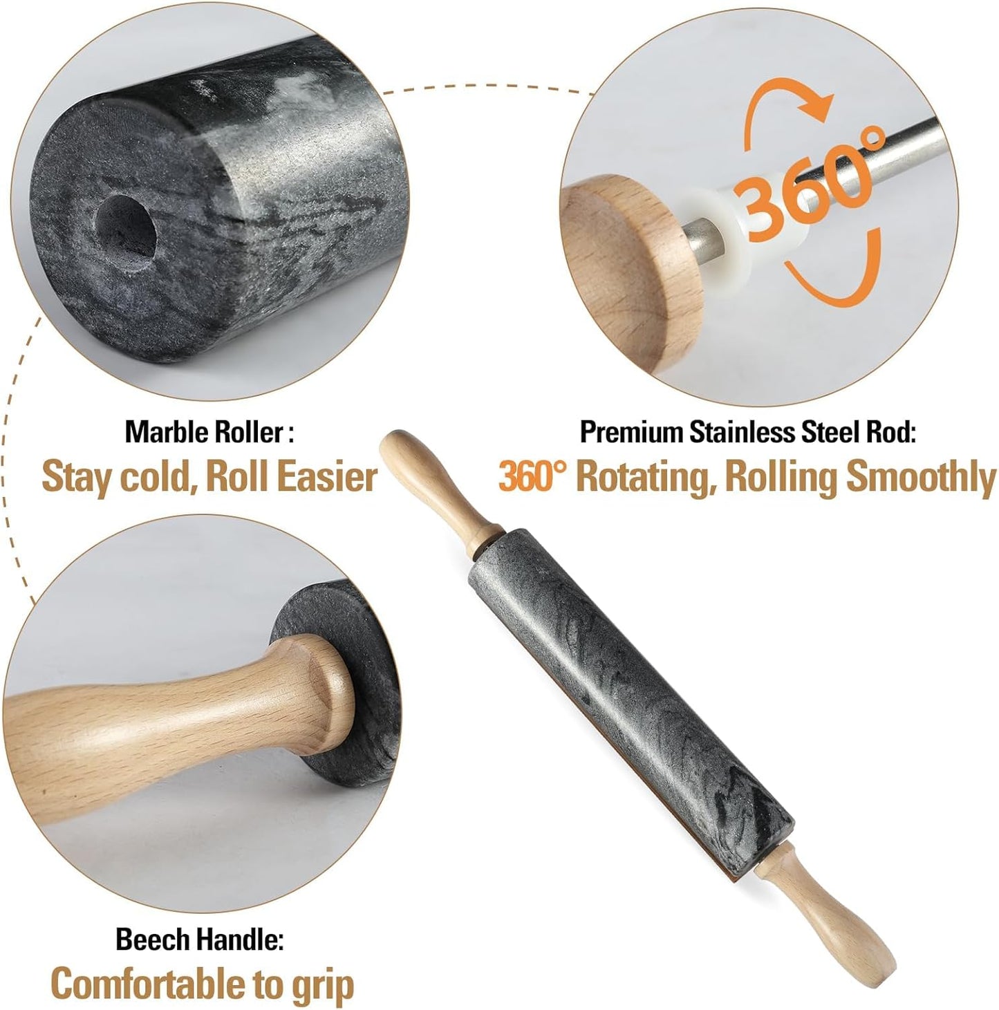 Marble Rolling Pin, Non-Stick Stone Dough Roller, Rolling Pin for Baking,Pasta, Dumpling, Ravioli, Fondant,Pie Crust, Kitchen Baking Pastry Tools