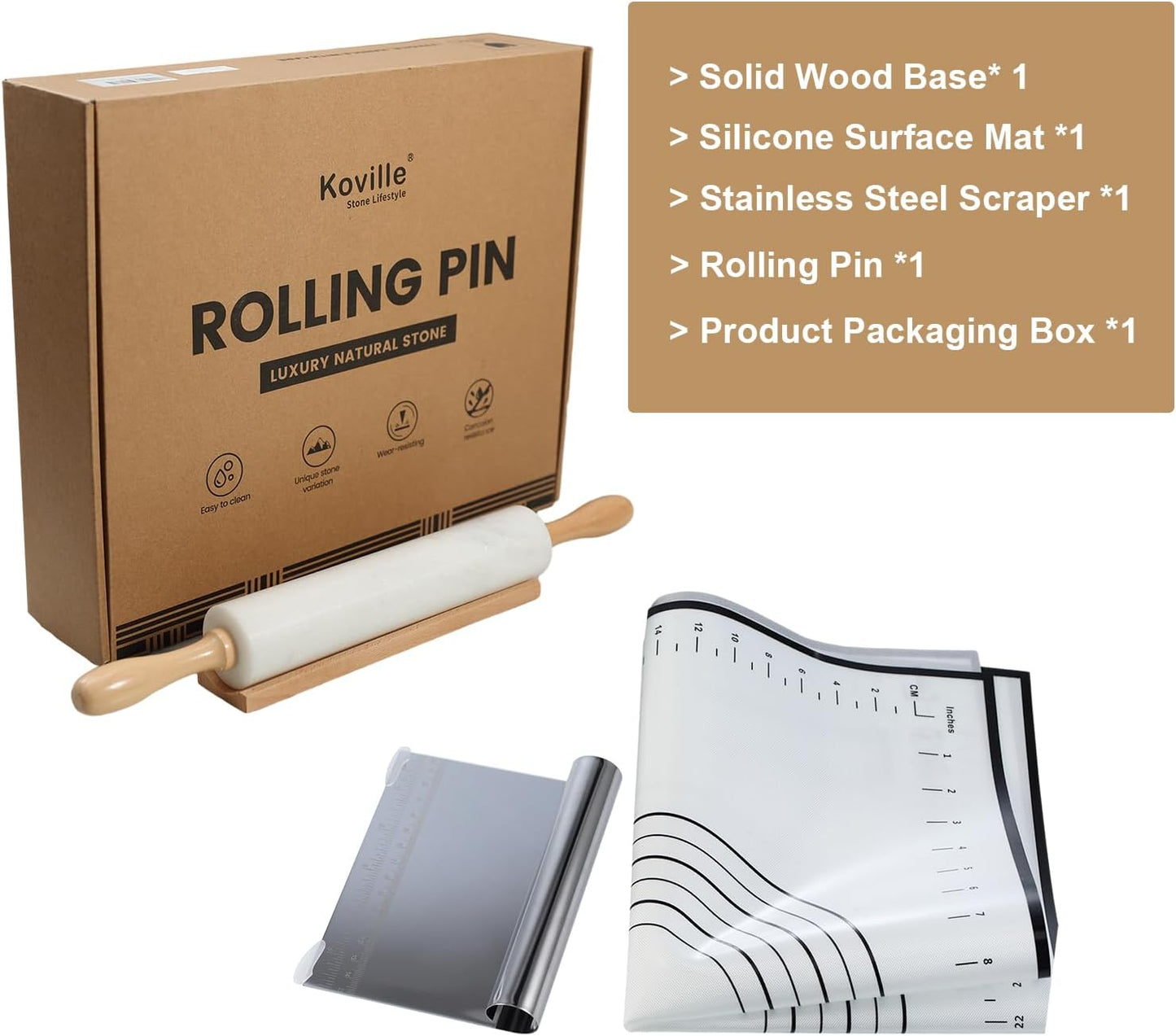 Marble Rolling Pin, Non-Stick Stone Dough Roller, Rolling Pin for Baking,Pasta, Dumpling, Ravioli, Fondant,Pie Crust, Kitchen Baking Pastry Tools