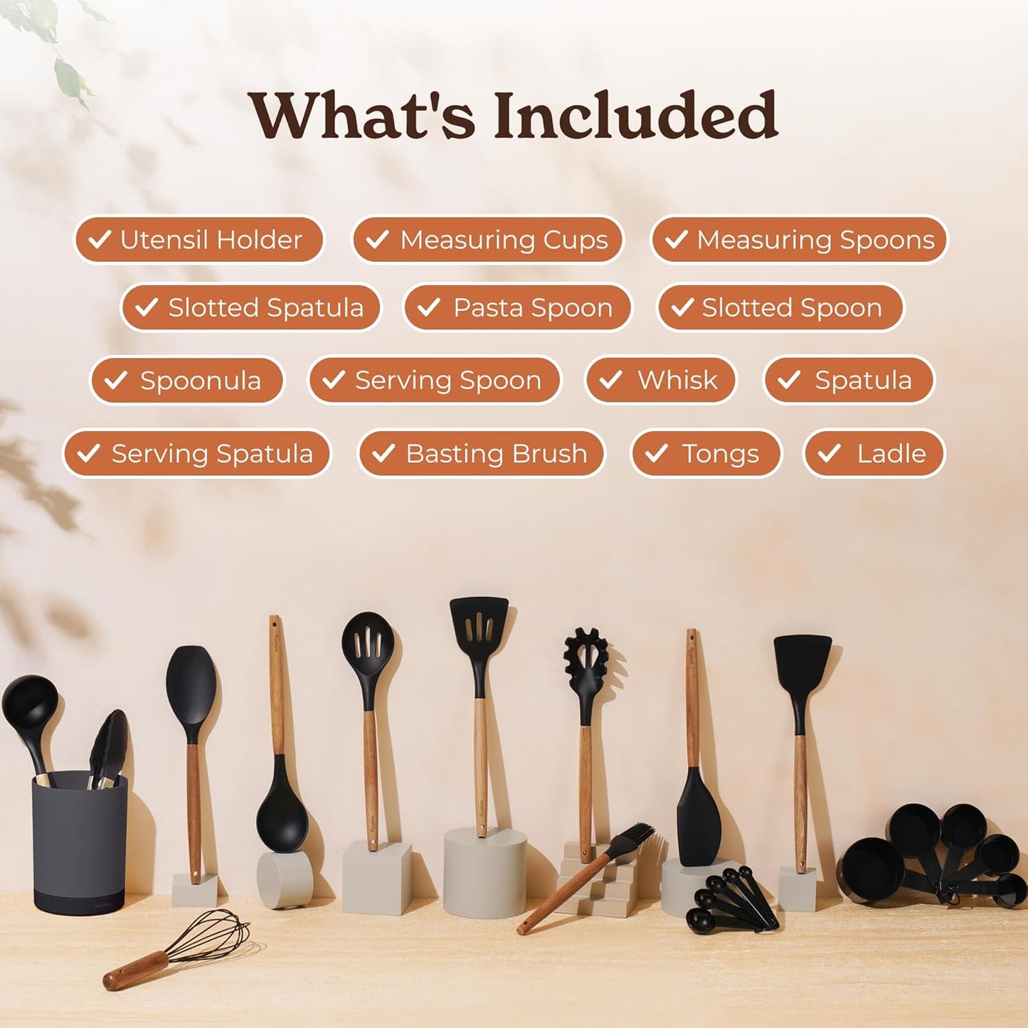 Kitchen Utensils Set – 22-Piece Silicone Cooking Utensils Set, Spatula Set with Holder, Wooden Handle Silicone Kitchen Gadgets for Nonstick Cookware