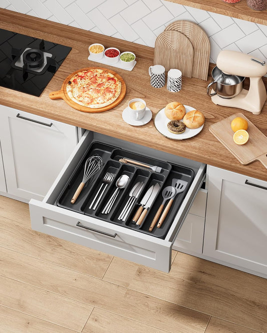 Cutlery Drawer Organiser for Kitchen - Adjustable Cutlery Tray for Effortless Utensil Sorting, Versatile Kitchen Storage & Organisation Solution, 12.13" x 1.54" x 8.07"~13.90", Black