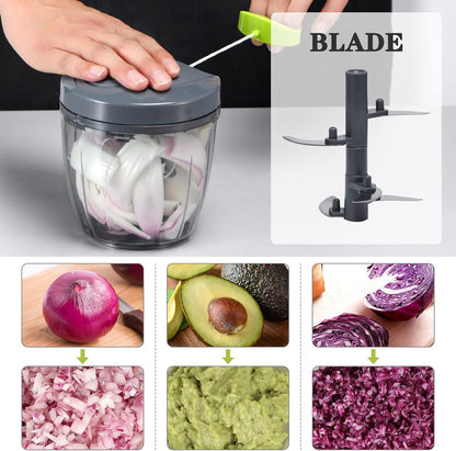 Manual Food Chopper Vegetable Cutter, Hand String Vegetable Chopper Onions Cutter for Vegetable Fruits Nuts BPA Free Food Safe Material, 900ml Grey