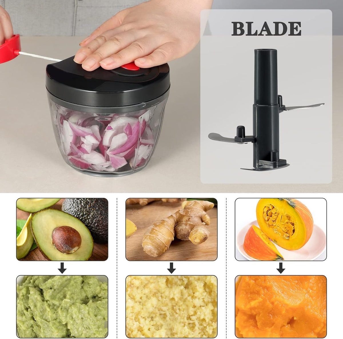 Manual Food Chopper Vegetable Cutter, Hand String Vegetable Chopper Onions Cutter for Vegetable Fruits Nuts BPA Free Food Safe Material, 900ml Grey