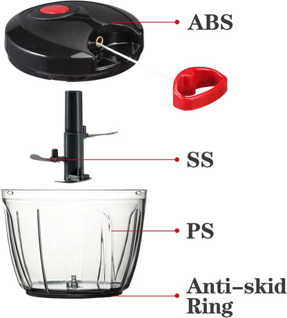 Manual Food Chopper Vegetable Cutter, Hand String Vegetable Chopper Onions Cutter for Vegetable Fruits Nuts BPA Free Food Safe Material, 900ml Grey
