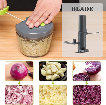 Manual Food Chopper Vegetable Cutter, Hand String Vegetable Chopper Onions Cutter for Vegetable Fruits Nuts BPA Free Food Safe Material, 900ml Grey