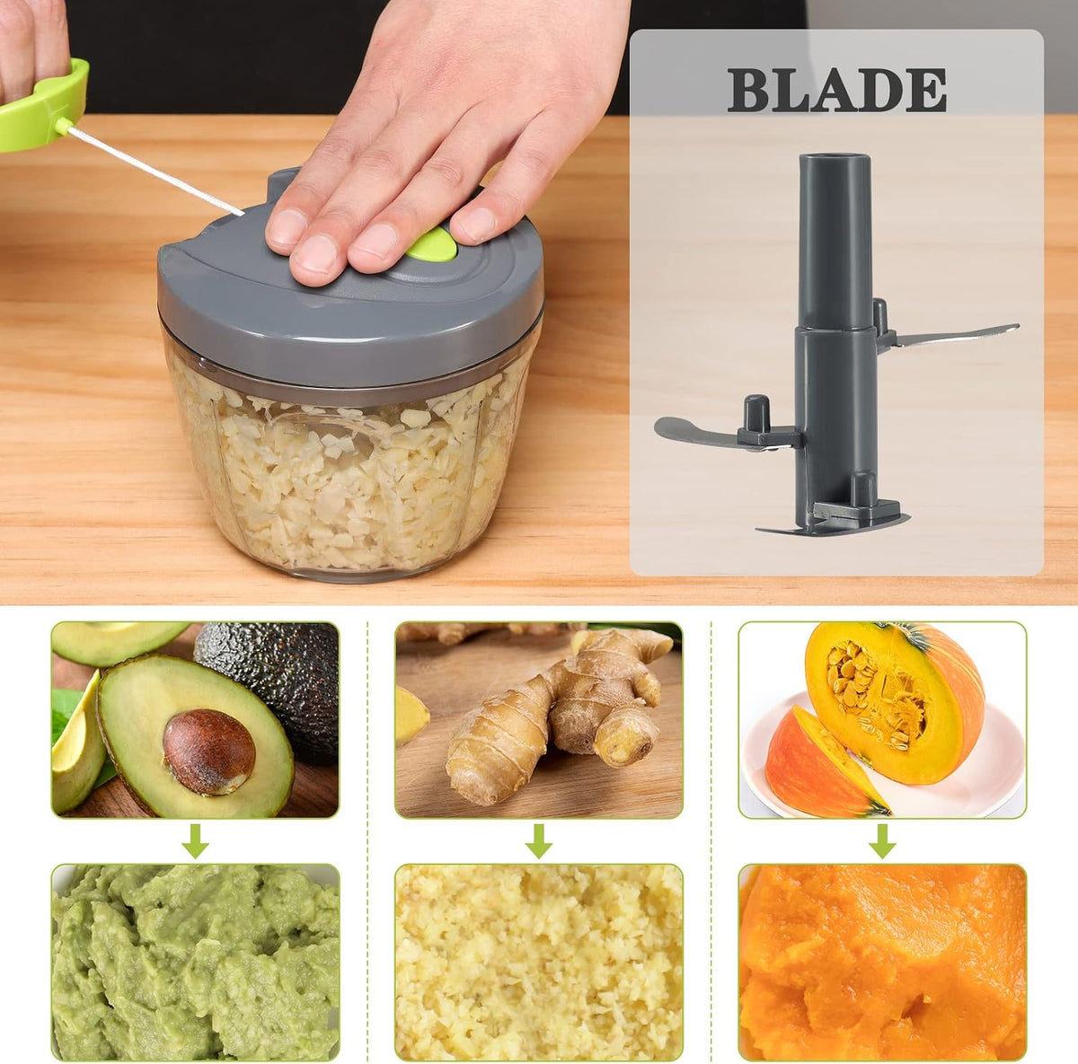 Manual Food Chopper Vegetable Cutter, Hand String Vegetable Chopper Onions Cutter for Vegetable Fruits Nuts BPA Free Food Safe Material, 900ml Grey