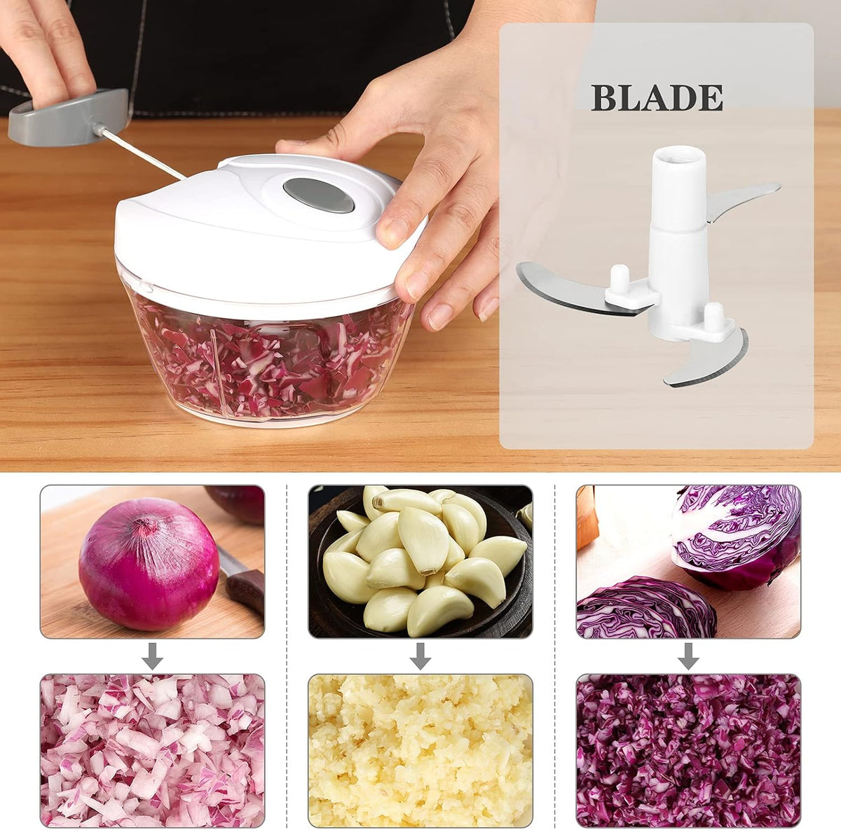Manual Food Chopper Vegetable Cutter, Hand String Vegetable Chopper Onions Cutter for Vegetable Fruits Nuts BPA Free Food Safe Material, 900ml Grey