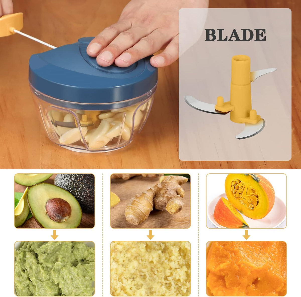 Manual Food Chopper Vegetable Cutter, Hand String Vegetable Chopper Onions Cutter for Vegetable Fruits Nuts BPA Free Food Safe Material, 900ml Grey