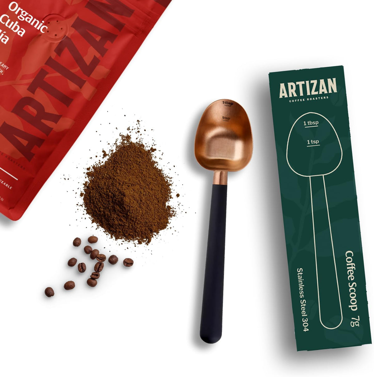 Artizan Coffee 1 Tbsp Coffee Measuring Scoop, Rose Gold Stainless Steel Copper Scoop for Ground Coffee, Beans, Tea & More - 7g, 17 cm Long Handle