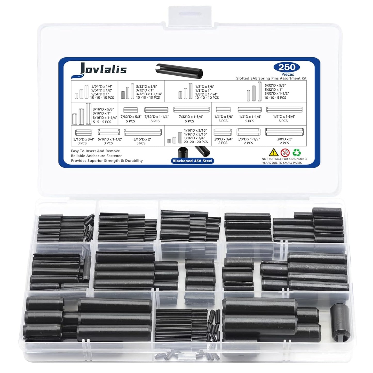 370 Pcs Roll pin Assortment, SAE Roll Pin Set, Slotted Spring Pins, Steel Split Expansion Pin, Black Roll Pins, 1/16 5/64 3/32 1/8 5/32 3/16 7/32 1/4 5/16 3/8 Inch Spring Dowel