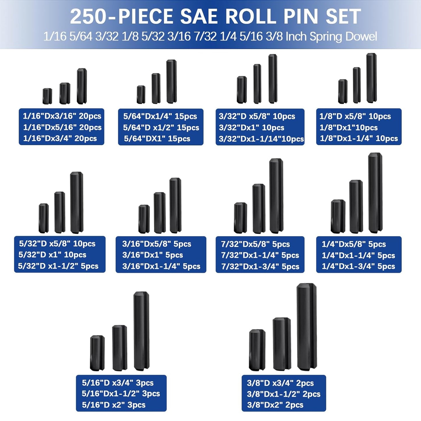 370 Pcs Roll pin Assortment, SAE Roll Pin Set, Slotted Spring Pins, Steel Split Expansion Pin, Black Roll Pins, 1/16 5/64 3/32 1/8 5/32 3/16 7/32 1/4 5/16 3/8 Inch Spring Dowel