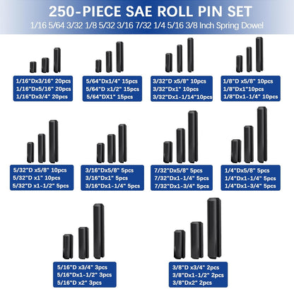 370 Pcs Roll pin Assortment, SAE Roll Pin Set, Slotted Spring Pins, Steel Split Expansion Pin, Black Roll Pins, 1/16 5/64 3/32 1/8 5/32 3/16 7/32 1/4 5/16 3/8 Inch Spring Dowel