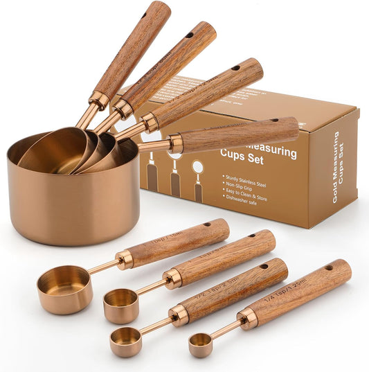 Measuring Cups and Spoons Set with Wood Handles 8PCS | Premium Stainless Steel Measuring Spoons and Measuring Cups Set, For Cooking and Baking in the Kitchen (Bronze)