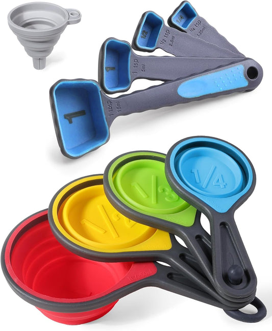 Measuring Cup and Spoon Set, Collapsible Measuring Cup, 8 Piece Measuring Tools and 1 Funnel, Engraved Metric/US Markings, for Liquid and Dry Measurements, Space Saving, BPA Free Silicone, Colorful