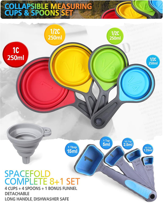 Measuring Cup and Spoon Set, Collapsible Measuring Cup, 8 Piece Measuring Tools and 1 Funnel, Engraved Metric/US Markings, for Liquid and Dry Measurements, Space Saving, BPA Free Silicone, Colorful