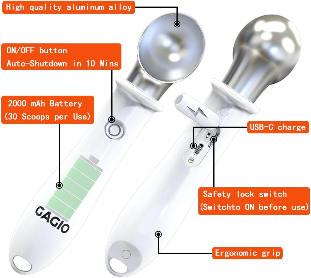 Heated Ice Cream Scoop Rechargeable – Upgraded 2026 Electric Warming Scooper for Rock Hard Ice Cream, Dual Temp 113℉/140℉, Safety Lock & Waterproof Ergonomic Handle (White)
