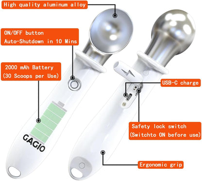 Heated Ice Cream Scoop Rechargeable – Upgraded 2026 Electric Warming Scooper for Rock Hard Ice Cream, Dual Temp 113℉/140℉, Safety Lock & Waterproof Ergonomic Handle (White)