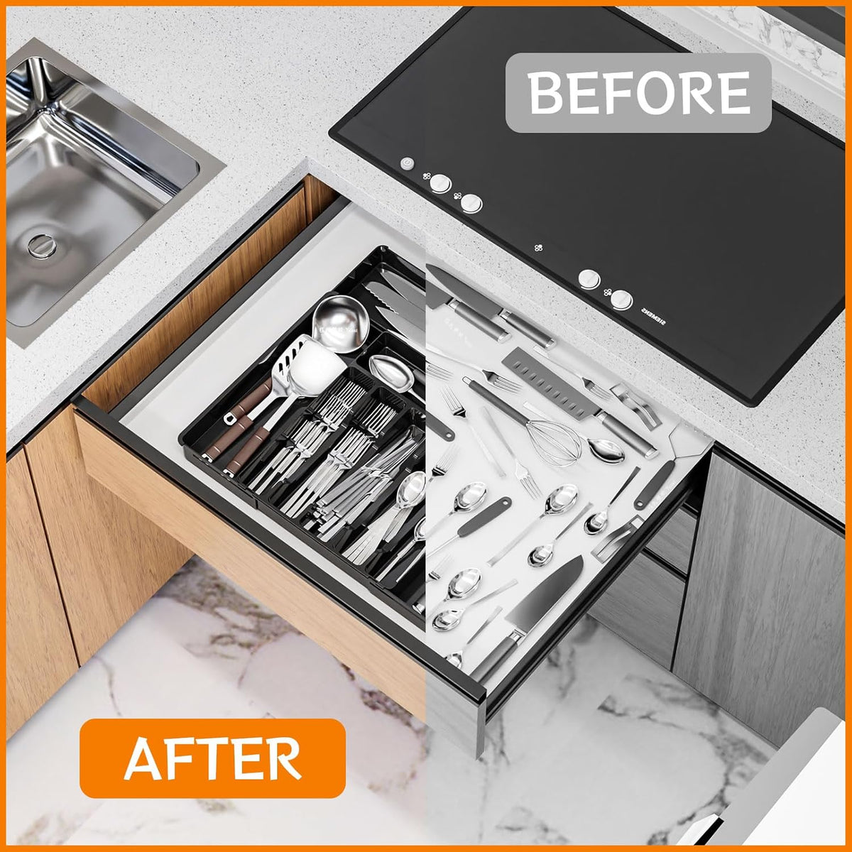 Clear Silverware Organizer for Kitchen Drawers,BPA Free Cutlery Drawer Organizer,6 Slots Plastic Utensils Organizer Suitable as In-Drawer Silverware Holder and Tray,Flatware,Knife,Fork,Spoon Organizer
