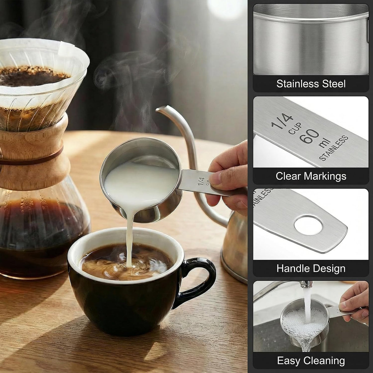 1/4 Cup Stainless Steel Measuring Cup, 60 ml Cooking Measure Scoop, 2 oz Measure Cup Tablespoon with Handle for Dry and Wet Food, 60 cc Metal Coffee Scoop for Cooking Drinking Baking（）