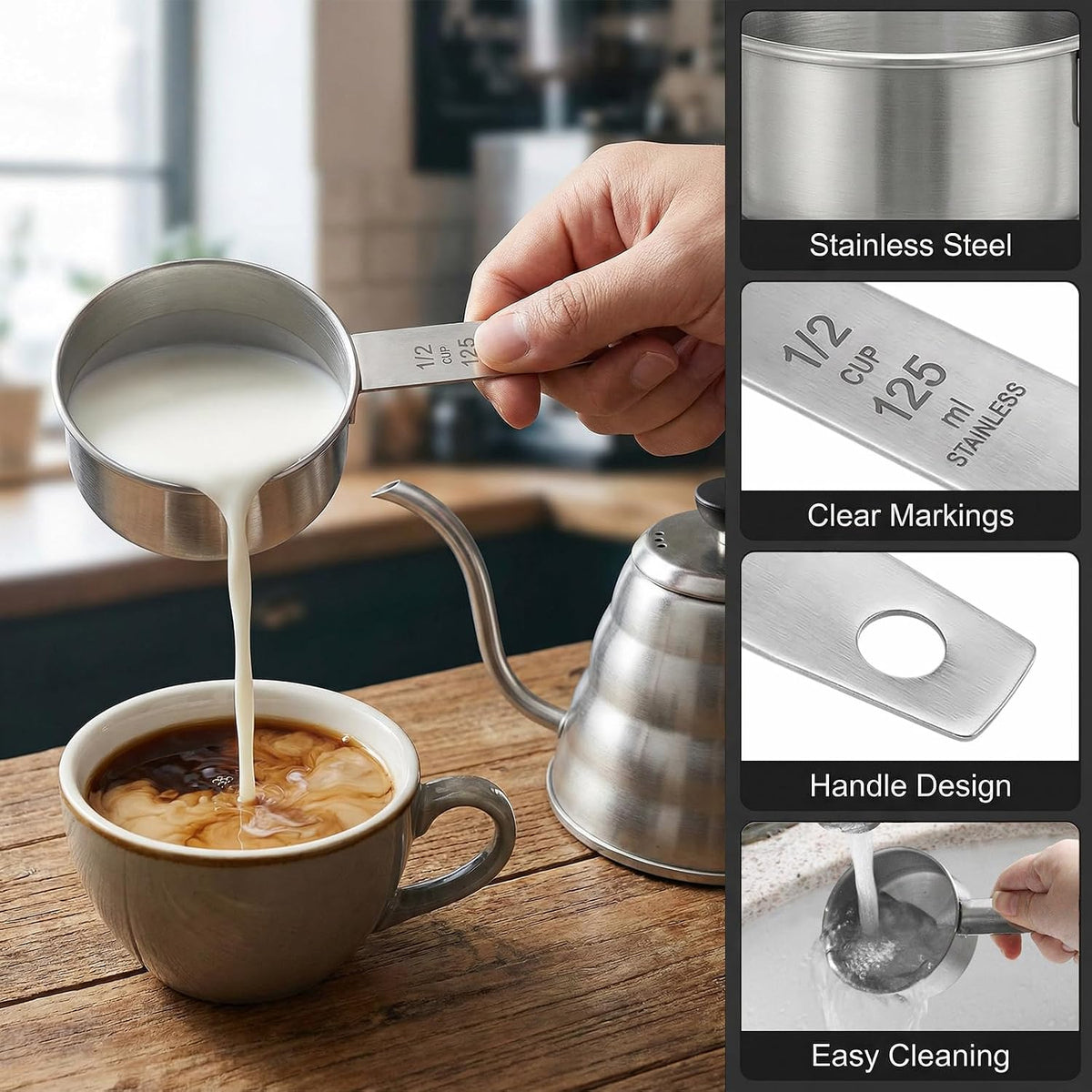 1/4 Cup Stainless Steel Measuring Cup, 60 ml Cooking Measure Scoop, 2 oz Measure Cup Tablespoon with Handle for Dry and Wet Food, 60 cc Metal Coffee Scoop for Cooking Drinking Baking（）