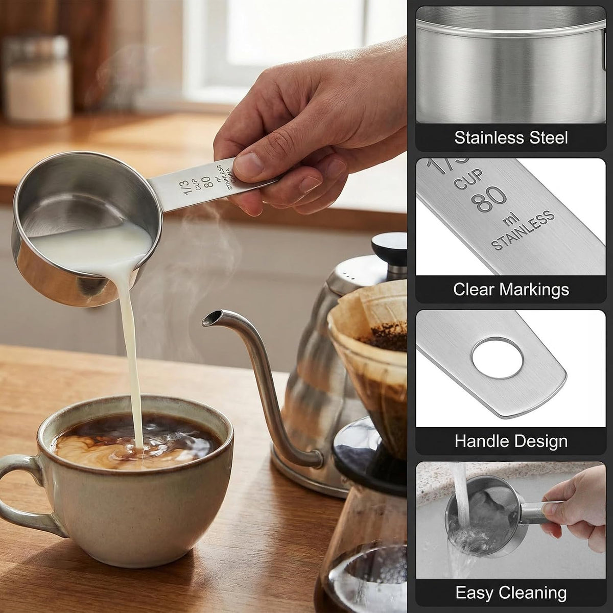 1/4 Cup Stainless Steel Measuring Cup, 60 ml Cooking Measure Scoop, 2 oz Measure Cup Tablespoon with Handle for Dry and Wet Food, 60 cc Metal Coffee Scoop for Cooking Drinking Baking（）