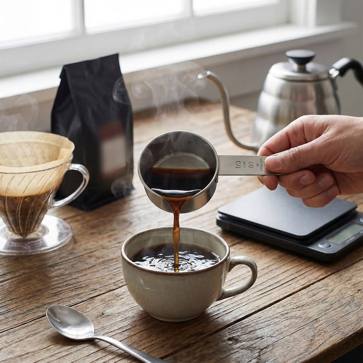 1/4 Cup Stainless Steel Measuring Cup, 60 ml Cooking Measure Scoop, 2 oz Measure Cup Tablespoon with Handle for Dry and Wet Food, 60 cc Metal Coffee Scoop for Cooking Drinking Baking（）
