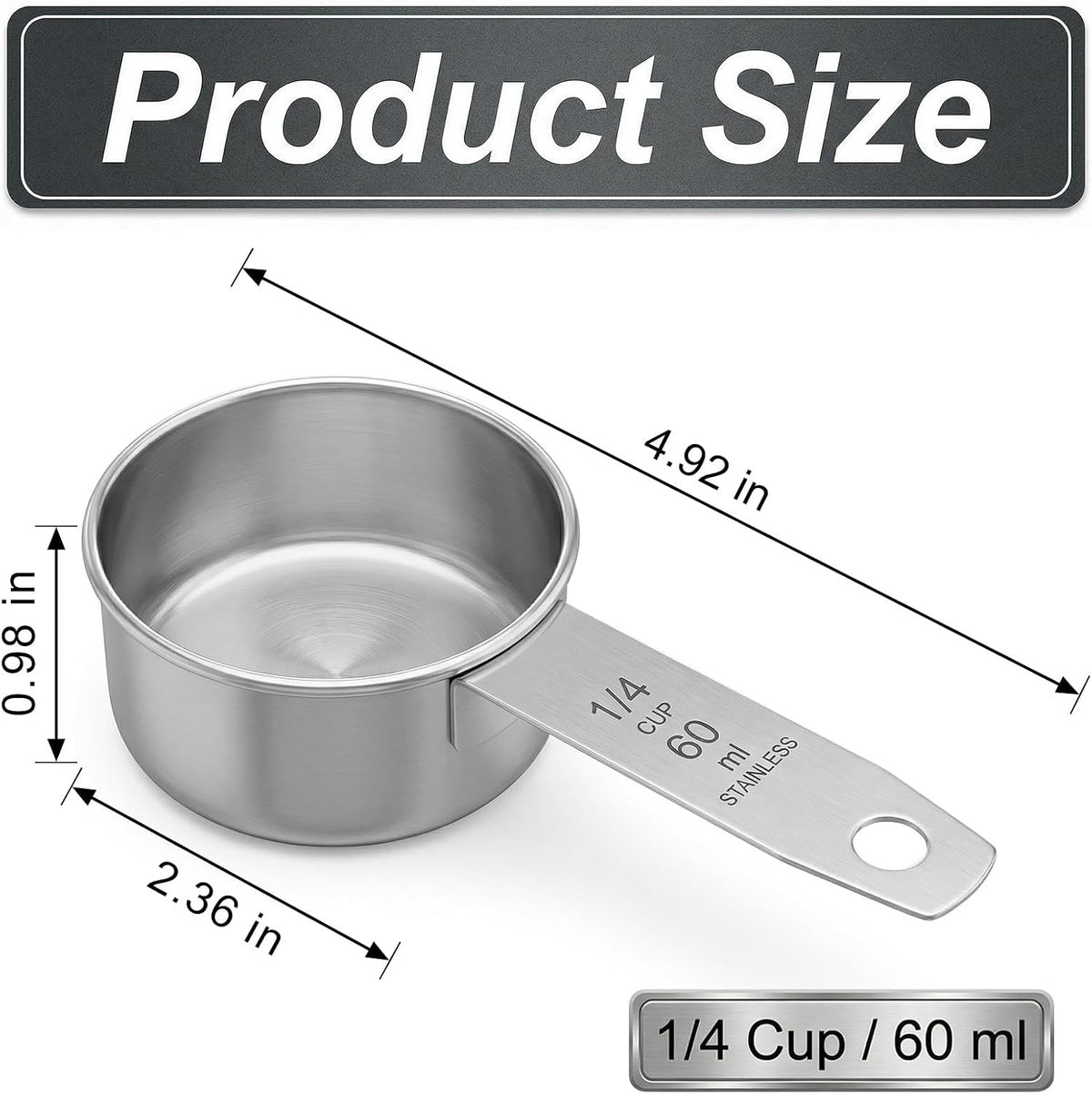 1/4 Cup Stainless Steel Measuring Cup, 60 ml Cooking Measure Scoop, 2 oz Measure Cup Tablespoon with Handle for Dry and Wet Food, 60 cc Metal Coffee Scoop for Cooking Drinking Baking（）
