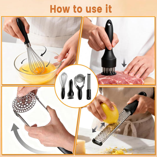4-Piece Kitchen Gadget Set - Includes Balloon Whisk, Meat Tenderizer, Potato Masher, Grater/Zester, 304 Stainless Steel, Dishwasher Safe