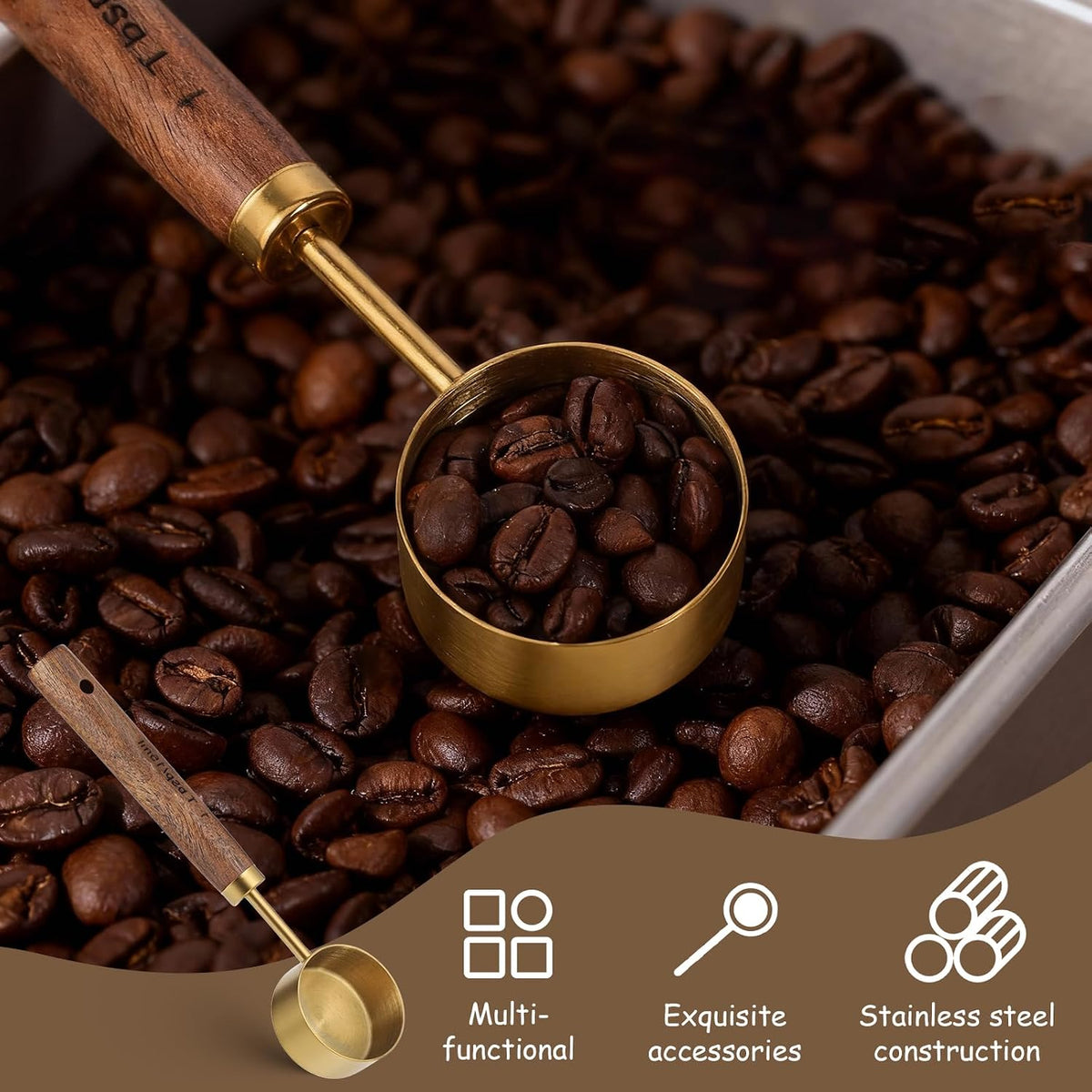 2 Pcs 15 ML Tablespoon Coffee Scoop, Stainless Steel Wood Teaspoon Scoop, Wood Long Handle Coffee-Bean Scoops, Measuring Scoops for Coffee, Tea, Spices (15ML, 5.8 Inch)