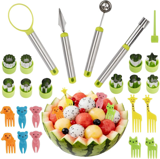 24 Pcs Fruit Carving Tools Set with Cartoon Animals Food Picks | Food-Safe Material, Multifunctional Melon Ball Scoop, Assorted Vegetable Cutters, Convenient Bento Making, kids lunch